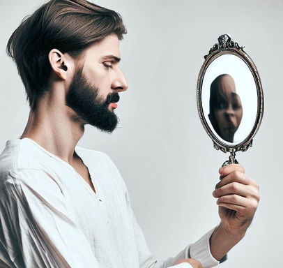 Homem com espelho na mão observando sua beleza, símbolizando Naecisismo