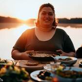 Imagem de mulher jantando no por do sol ao fundo, Depressão - Saúde Mental