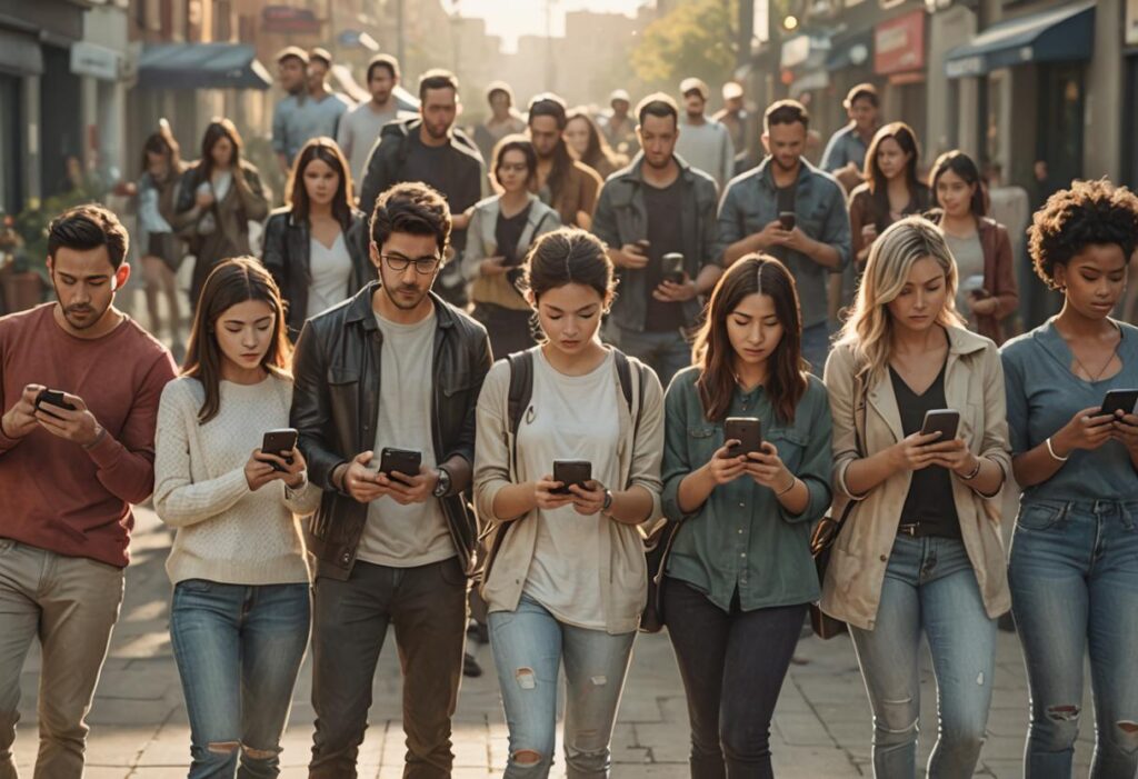 Grupo de pessoas andando e ao mesmo tempo interagindo com o celular, uma postura de hipnose