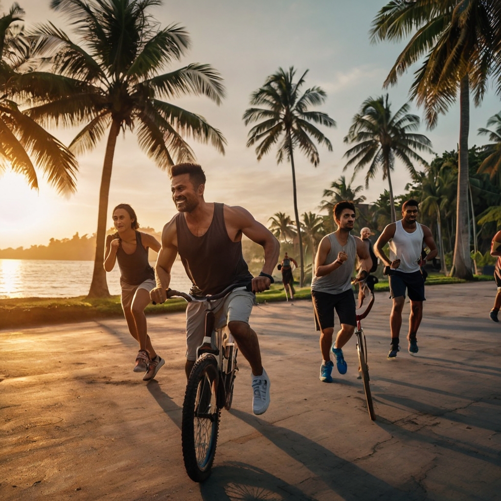 Um grupo de pessoas está se exercitando ao ar livre em um parque tropical ao pôr do sol. Algumas estão correndo, enquanto outras andam de bicicleta. O cenário é composto por palmeiras altas e um corpo d'água ao fundo, refletindo a luz dourada do sol. Você Conhece o Predador da Depressão