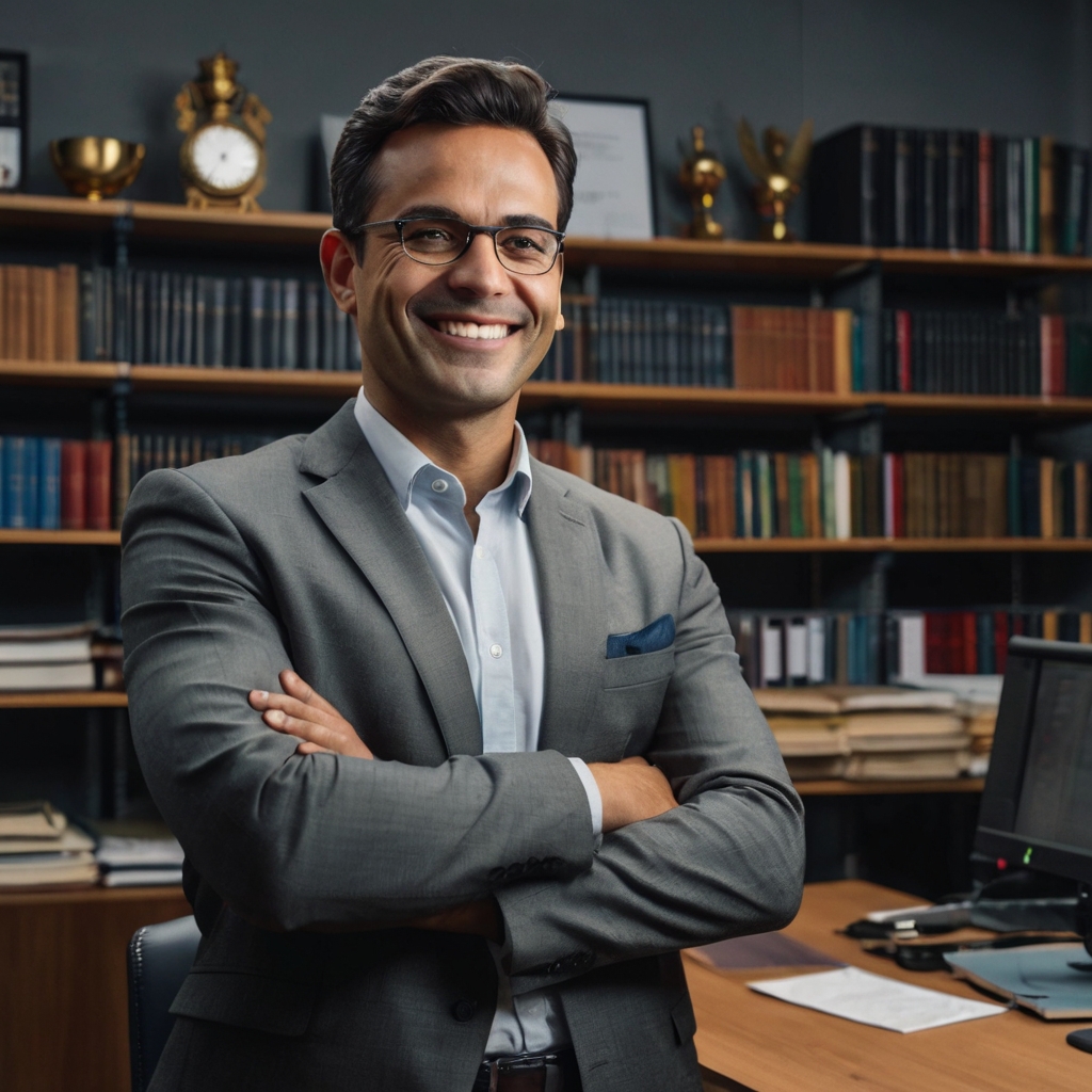 Um homem de terno cinza está de pé com os braços cruzados em um escritório. Ao fundo, há estantes cheias de livros e troféus. Na mesa à direita, há um computador e alguns papéis. predador da depressão