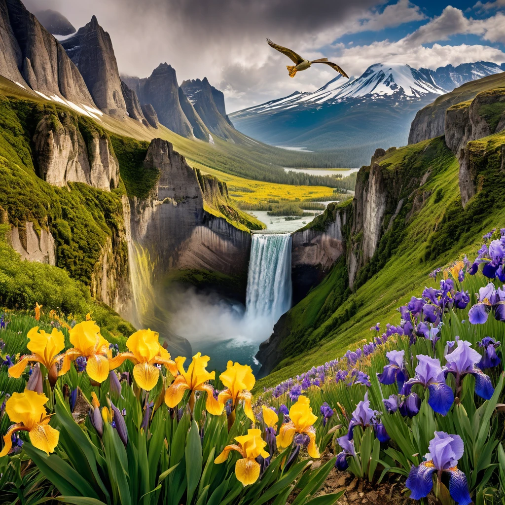 Uma paisagem montanhosa com flores coloridas em primeiro plano. As flores são predominantemente amarelas e roxas, com montanhas cobertas de neve ao fundo e um céu parcialmente nublado.