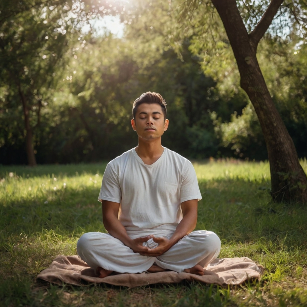 Pessoa sentada em posição de meditação ao ar livre, em um ambiente natural com árvores ao fundo. A pessoa está vestida com roupas brancas e está sentada sobre um cobertor marrom, com as pernas cruzadas e as mãos repousando no colo. predador da depressão.