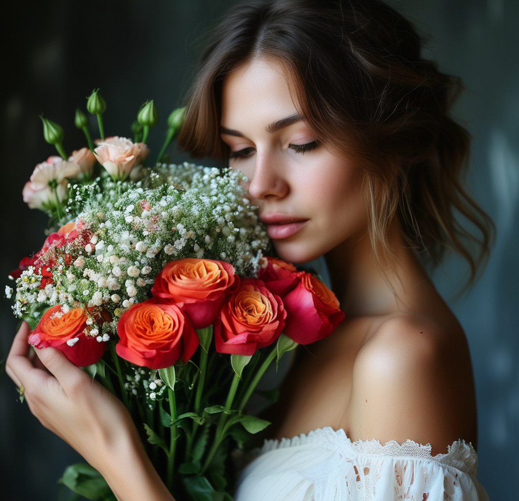 Mulher cheirando o buquê de flores com expressão amor