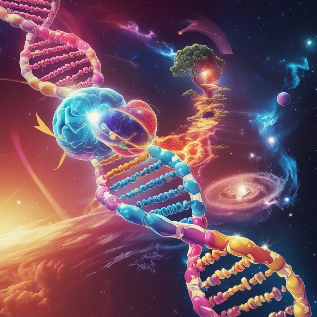 A imagem mostra uma representação artística de uma hélice dupla de DNA flutuando no espaço. A hélice é composta por segmentos coloridos em tons de rosa, azul, amarelo e laranja. No centro da imagem, há uma representação de um cérebro humano, com uma esfera brilhante e colorida ao lado, simbolizando a conexão entre a genética e a mente. À direita, uma árvore cresce a partir da hélice de DNA, simbolizando a vida e a evolução. O fundo é um cenário cósmico com galáxias, planetas e nebulosas, sugerindo a interconexão entre a vida na Terra e o universo.