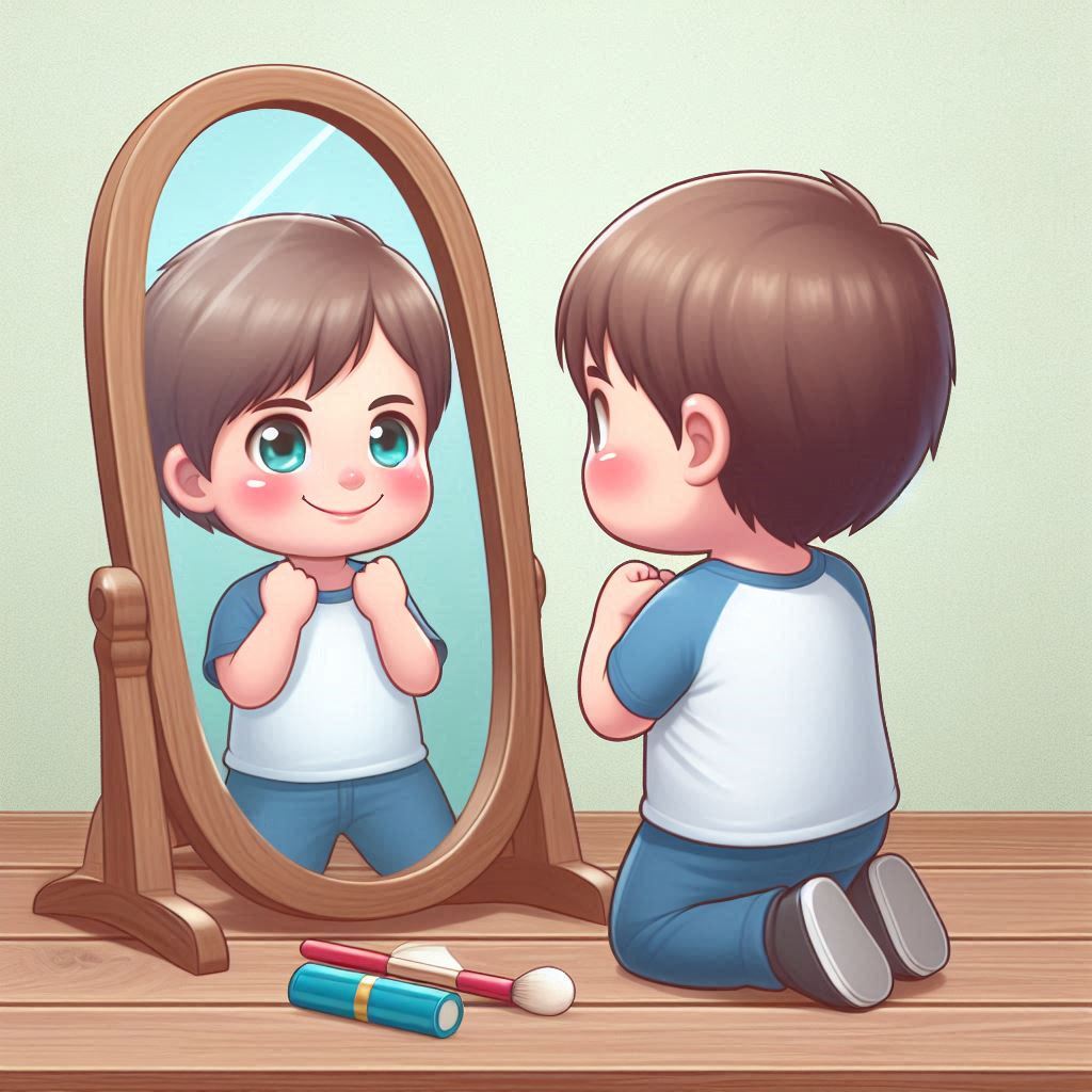 Criança sentada de joelhos no chão, de frente para um espelho de madeira oval, observando seu próprio reflexo. Ela veste uma camiseta branca com mangas azuis e calça azul. No chão, à sua frente, há itens de maquiagem, como um batom e um pincel. O ambiente é claro, com piso de madeira e parede clara ao fundo.